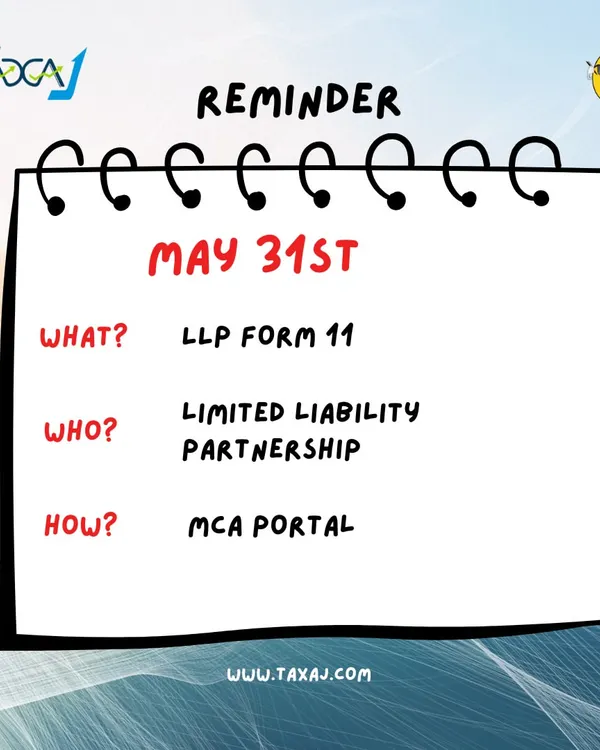 **LLP Annual Filing Reminder: Form 11.** Every Limited Liability Partnership (LLP) must file Form 11 by May 31st each year, even with no business activity. Late filing incurs a penalty of ₹100 per day with no upper limit.