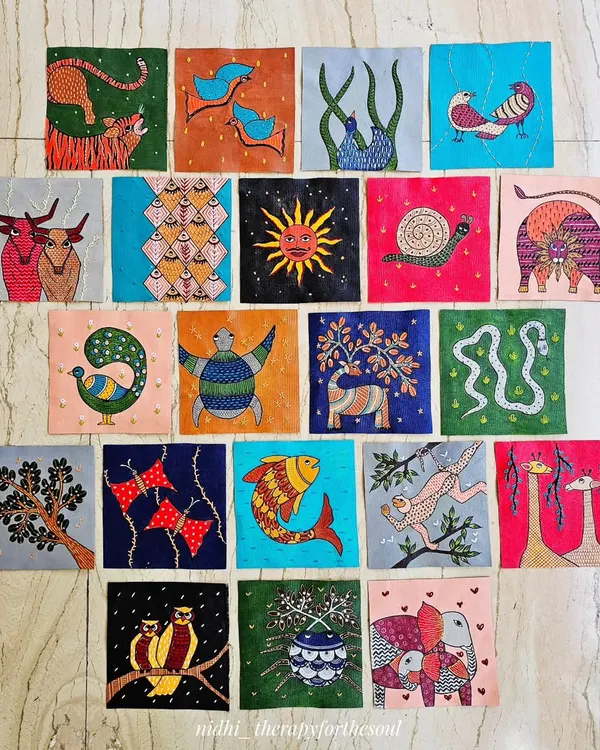 This is one of my proudest projects, a custom set of 20 individual Gond art paintings for a client in the USA. It shows the scale and variety I can bring to a large commission, creating a vibrant collection of Indian folk art animals and motifs to bring a touch of India to any home.