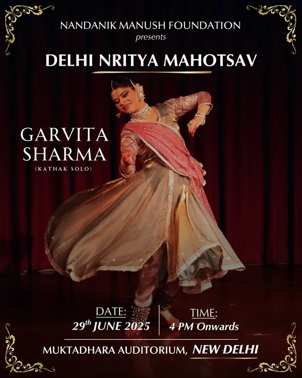 This poster announced my solo Kathak recital at the Delhi Nritya Mahotsav. Performing in my home city of Delhi is always a deeply moving experience, and I am grateful for the opportunity to share my art at such esteemed festivals.