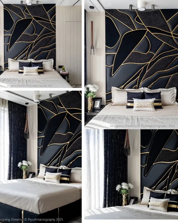 This bedroom is a perfect example of how a single feature wall can define an entire space. We crafted this floor-to-ceiling headboard using panels of black fabric and leatherite, detailed with precise gold metal inlays to create a sense of modern luxury and warmth.