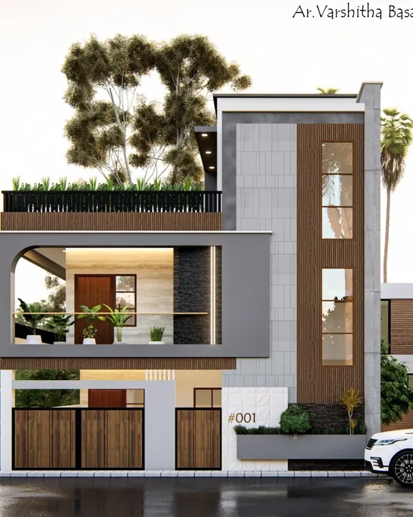 A contemporary residential facade design featuring a prominent semi-enclosed balcony and a mix of grey stone tiles and wood-look panels. The design balances privacy with open, airy living spaces.