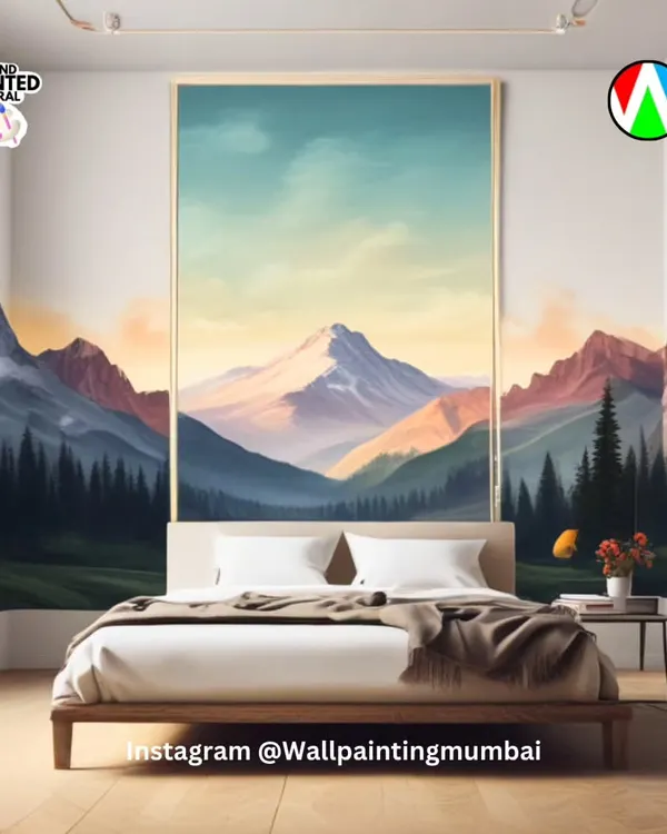 This stunning mountain landscape mural turns a bedroom into a peaceful retreat. The design extends across the walls, creating an immersive experience that makes you feel like you're waking up to a beautiful sunrise view every day.