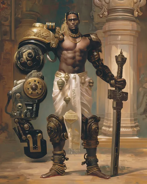 A portrait of a Yuntryodhā, a warrior-engineer from the MahaMachinist Nation. I create detailed character designs that fuse mythological aesthetics with sci-fi hardware, perfect for hero characters in games or films.