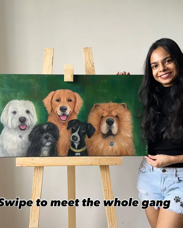 This is one of my favorite and most challenging pieces. I combined photos of five beloved dogs into one big, happy family portrait on a large canvas. It’s moments like these, seeing them all together, that make my job the absolute best.