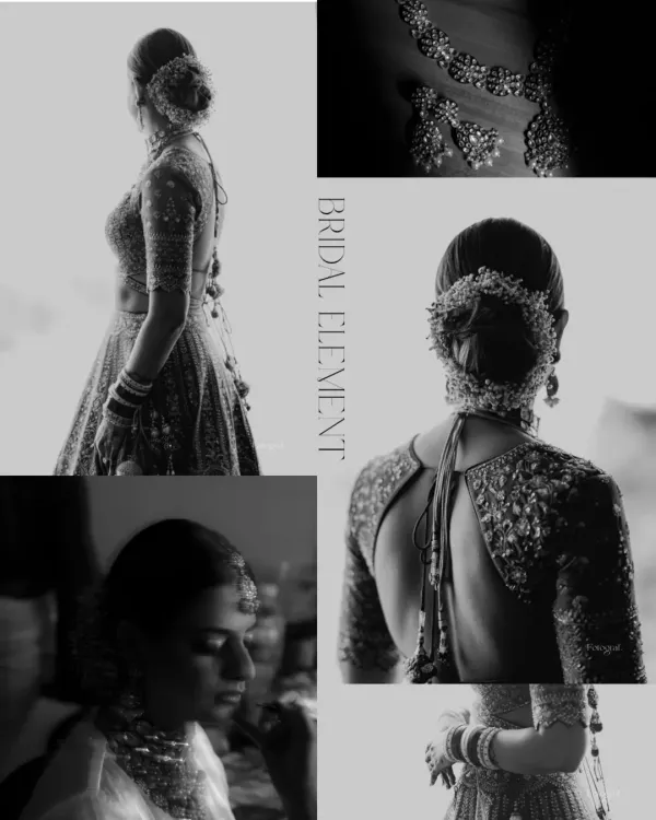 A black and white collage dedicated to the "Bridal Element." It showcases the details: the hairstyle, the jewelry, the back of the blouse, and a quiet, pensive portrait.