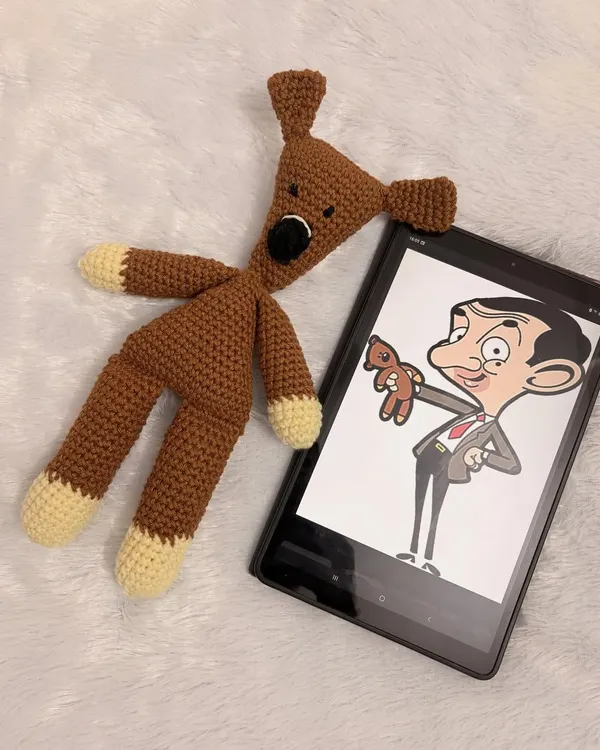 My version of Mr. Bean's iconic teddy bear, recreated from the classic TV show. This one is made with soft cotton yarn and is perfect for fans of all ages.