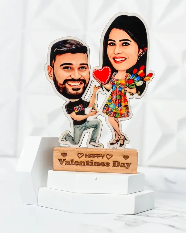 A fun and romantic caricature stand-up for Valentine's Day. I'll turn your photo into this cute cartoon proposal scene, mounted on a personalized wooden base.