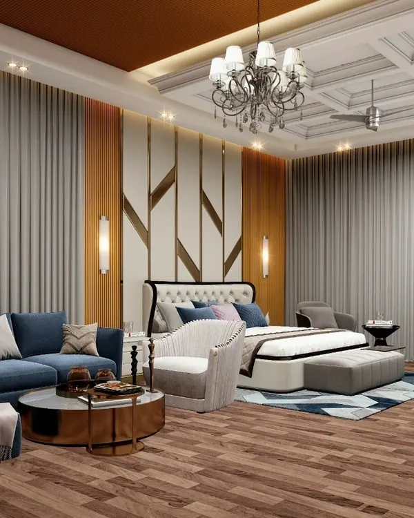 This luxurious master bedroom combines modern and classical design elements. I used a coffered ceiling and a classic chandelier, paired with a contemporary upholstered bed and a geometric accent wall with brass inlays.