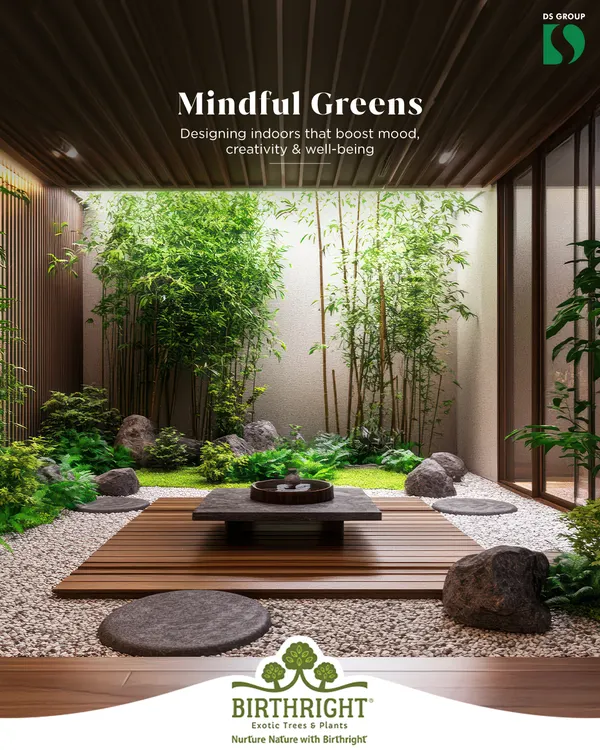 This is our concept of Mindful Greens. We designed this indoor zen garden with bamboo, moss, and smooth stones to create a space that boosts mood, creativity, and well being. It's a perfect retreat for quiet contemplation.