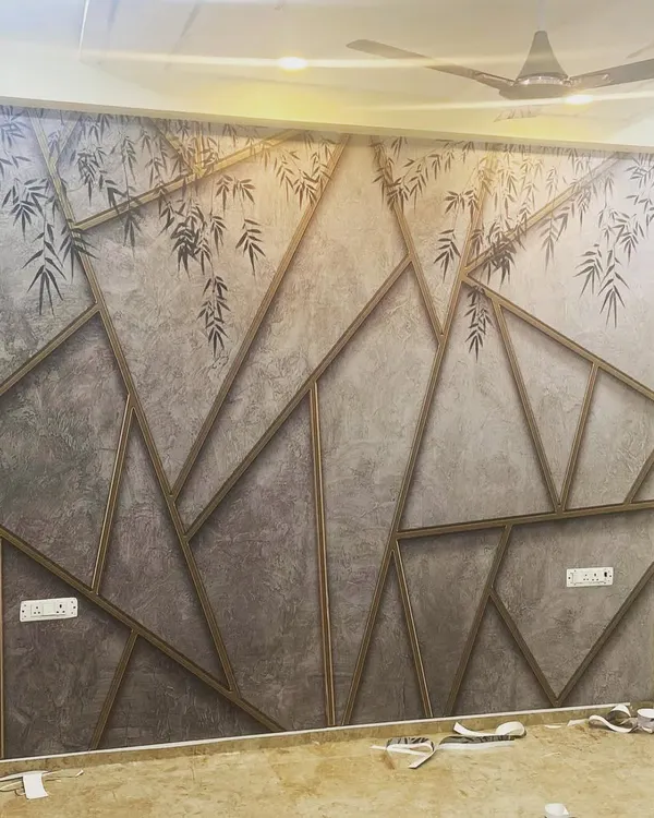 This custom wallpaper combines a concrete texture with a geometric bamboo overlay. It's a perfect example of a modern design that also feels connected to nature.