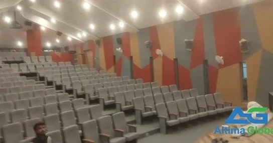 This is the completed auditorium for the Jindal Group, a project we are incredibly proud of. It showcases our ability to deliver a fully integrated audio-visual environment, from seating and acoustics to lighting and projection, for a large corporate venue.