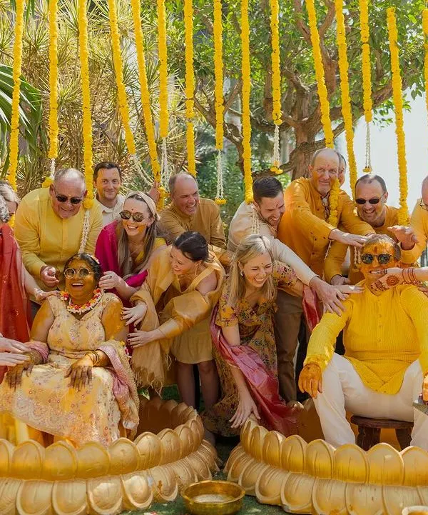 A moment of pure joy and cultural fusion at a Haldi ceremony. We created a fun and inclusive atmosphere where family and friends from across the globe could come together and celebrate, complete with traditional lotus-shaped seating for the couple.