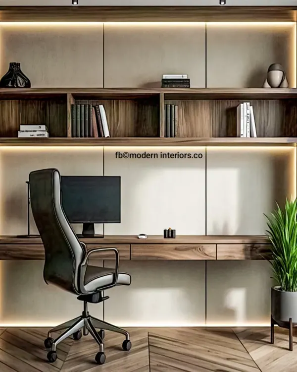 A sleek and modern home office with a floating desk and open shelving. The design uses a dark wood finish and integrated backlighting to create a sophisticated and focused work environment.