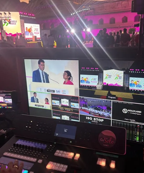 A look at our multi-feed video console during the Khelo India University Games launch. We manage multiple camera inputs and graphic overlays to produce the live broadcast feed.