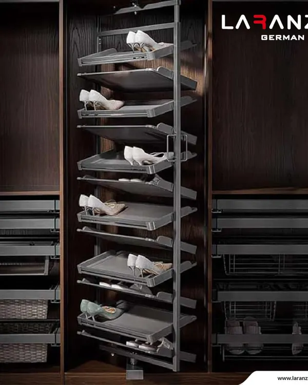 This is my revolving shoe rack, a truly luxurious and practical way to store your footwear. It rotates smoothly, allowing you to see and select any pair with ease, from heels to flats.