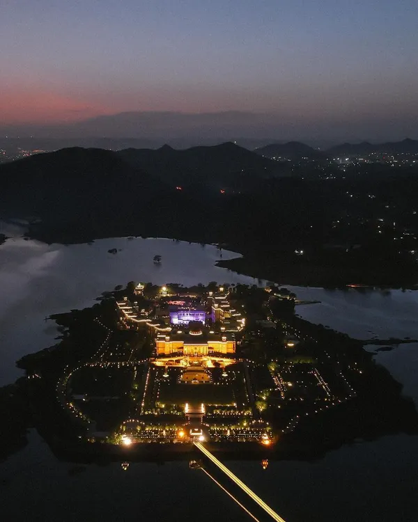 This is what I live for. Capturing the sheer magic of a property like Raffles Udaipur, isolated on its own island at dusk. An aerial shot like this tells a story no ground-level photo ever could.