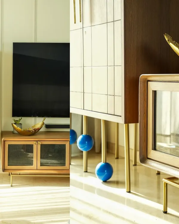 This artistic diptych highlights the unique details of modern furniture design. I juxtaposed the sleek wooden TV console with the playful, bold blue spheres on the cabinet legs, creating a visually interesting composition that draws attention to the craftsmanship.