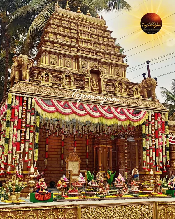This temple-themed decor is one of my proudest creations, blending architectural grandeur with sacred traditions. The golden glow of the brass elements and the intricate detailing create a divine atmosphere for any auspicious occasion.