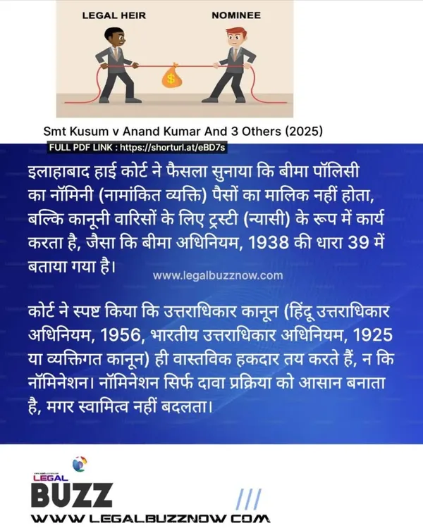 A very common point of confusion. The Allahabad High Court has clarified that a nominee in an insurance policy is only a trustee for the legal heirs, not the owner of the money. Succession law determines the actual owner.