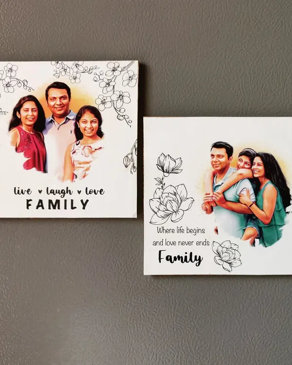 A set of custom photo fridge magnets made for a lovely family. I combine their pictures with floral line art and sweet quotes to create personalized keepsakes for their home.