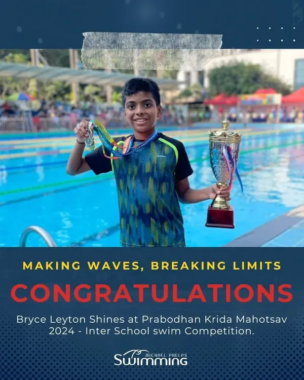 Making waves and breaking limits. Here is our swimmer Bryce Leyton with his trophy after a stellar performance at the Prabodhan Krida Mahotsav Inter-School swim competition. This is the result of consistent training and a champion's mindset.