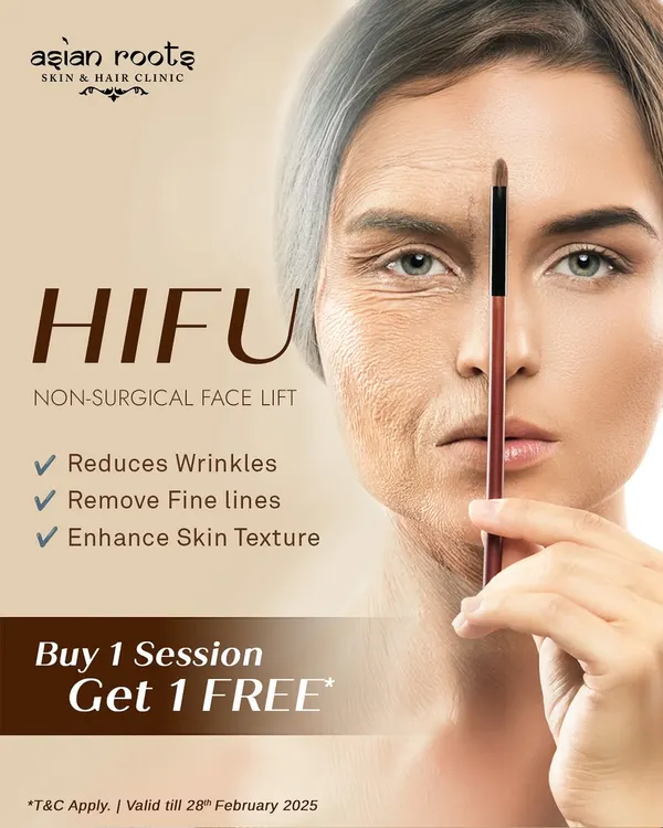 This graphic illustrates the powerful effect of HIFU, my non-surgical facelift treatment. It effectively reduces wrinkles, removes fine lines, and enhances skin texture by stimulating collagen deep within the skin, with a special offer to make it more accessible.