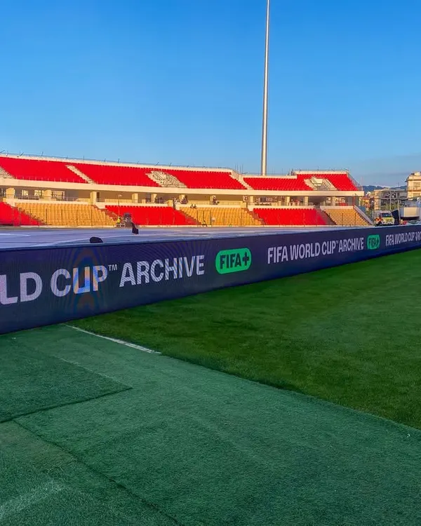 A close-up of the perimeter LED boards we installed for the Women's Tri-Nation football tournament. We provided 260 running meters of P6 LED to deliver crisp, clear visuals for sponsors and fans.