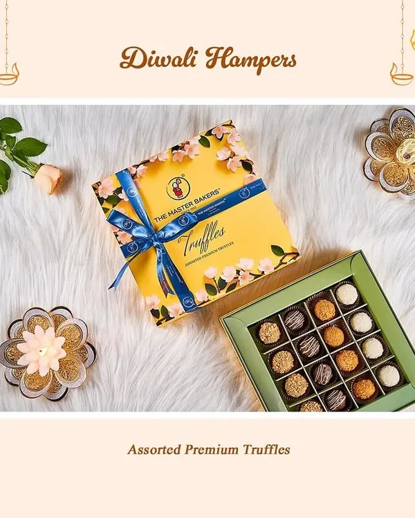 A masterpiece for chocolate lovers. Our Diwali hamper featuring assorted premium truffles is elegantly packaged and perfect for gifting during the festive season.