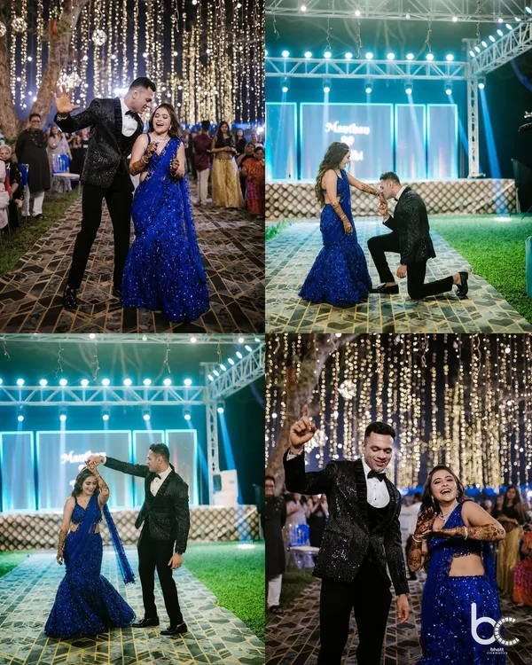 A collage capturing the dynamic energy of the Sangeet night, from the couple's choreographed dance moves to a romantic proposal on one knee.