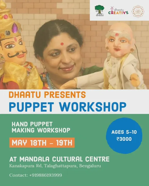 We invite children aged 5 to 10 to join our hand puppet making workshop. This poster shows our founder with two traditional hand puppets, giving an idea of the characters kids can create and take home.
