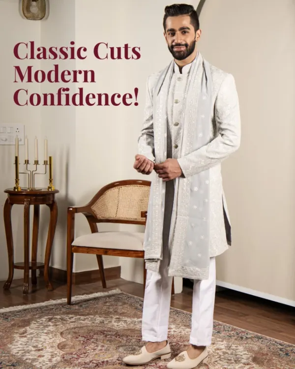 I believe in classic cuts that inspire modern confidence. This all-white Indo-Western ensemble, featuring a structured jacket and a delicately embroidered stole, is a testament to that philosophy. It's a look that is both grounded in tradition and powerfully contemporary.