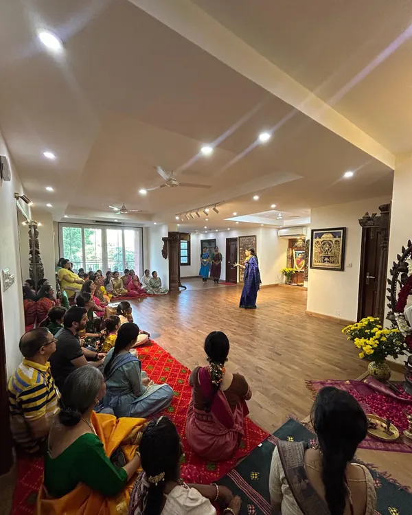 A full view of our studio during the Vijayadashmi Guru Pooja. Students, parents, and friends gather to seek blessings and start a new lesson, filling the space with warmth and positive energy.
