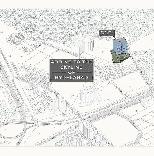 A map illustrating three of our major projects shaping the skyline of Hyderabad: a mixed-use tower, premium housing, and a spiritual temple.