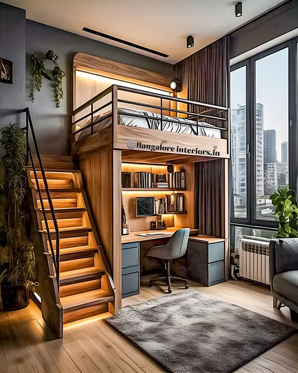 This loft bed design is a perfect example of how I maximize space in a compact room. It combines a cozy sleeping area with a fully functional study desk underneath, complete with integrated shelving and warm, task-oriented LED lighting.