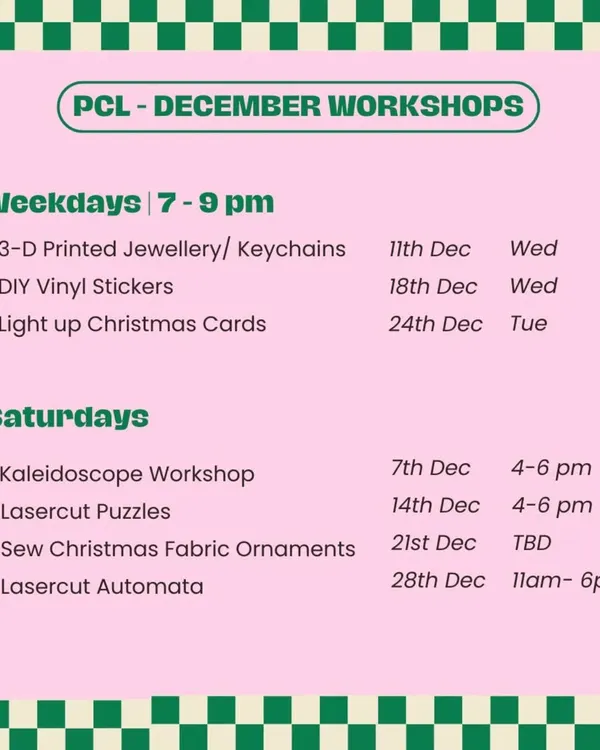 Here is our list of events for December! We have workshops on 3D printed jewelry, DIY vinyl stickers, light-up Christmas cards, and a full-day automata workshop.