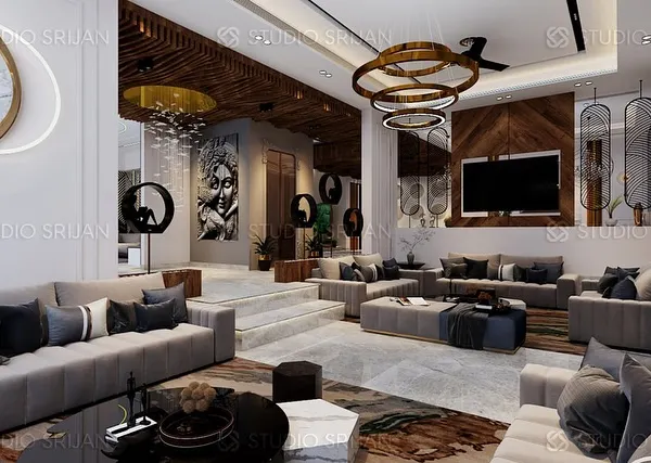 This expansive drawing room in Alameda, Gurgaon, is designed for grand entertaining and quiet evenings alike. I focused on creating distinct seating areas, unified by a palette of sophisticated neutrals, rich textures, and dramatic, multi-layered lighting that includes a stunning central chandelier.