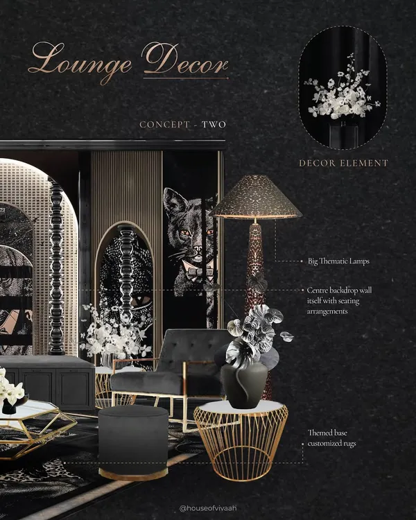 A concept board for "The Dark Club" lounge, showcasing the panther motif on a central backdrop wall, paired with thematic lamps and luxe black velvet seating. This is where the story begins.