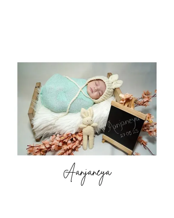 Welcome to the world, little Aanjaneya. I love creating these timeless first portraits in my studio, complete with custom props like this name slate to announce your baby's arrival.