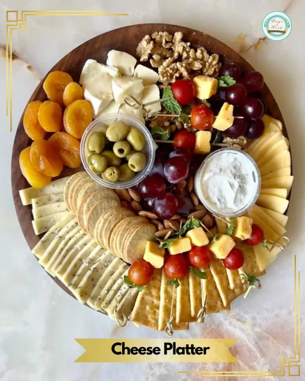 My signature vegetarian Cheese Platter. This artfully arranged board includes a selection of cheeses, crackers, nuts, dried and fresh fruits, and olives. It's a feast of textures and flavors.