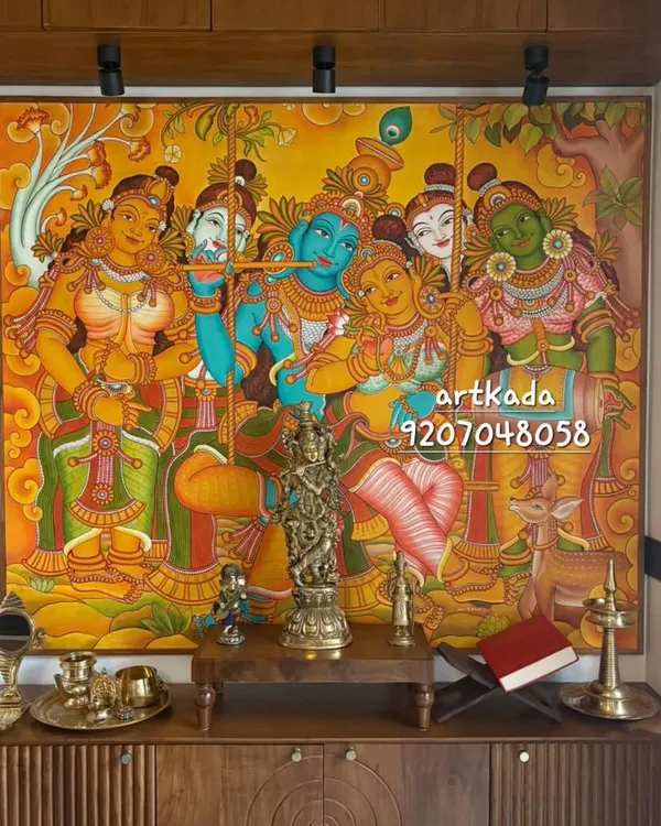 This Radhakrishna mural, created in the traditional Kerala style, is a perfect example of how I bring divine stories into your home. Placed in a living area, it becomes the heart of the space, radiating peace and love.