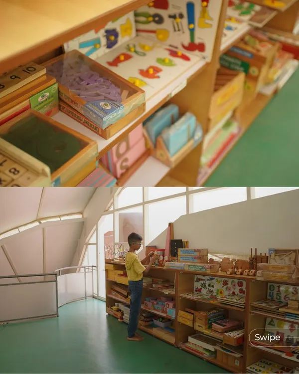 The learning spaces at Aurinko Academy are filled with educational materials on open shelves. The design, with its ample natural light and open layout, creates a welcoming and stimulating environment for students.
