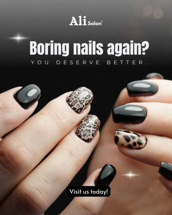 Tired of the same old look? We specialize in creating bold, custom nail art that makes a statement. This combination of glossy black and detailed leopard print is just one example of how we can elevate your style.