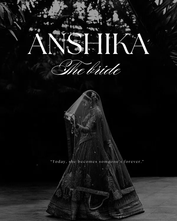 A powerful and artistic black and white bridal portrait. The bride, veiled and mysterious, is presented like a work of art, with the caption "Today, she becomes someone's forever" adding to the profound emotion.