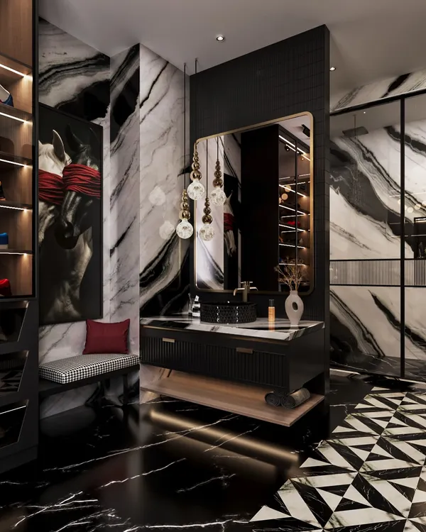 This bathroom and walk-in wardrobe exudes a bold, unapologetic energy. I used striking black and white marble across the walls and floors to create a moody sanctuary with rhythm and movement. The design is sharp, powerful, and feels rich and indulgent.