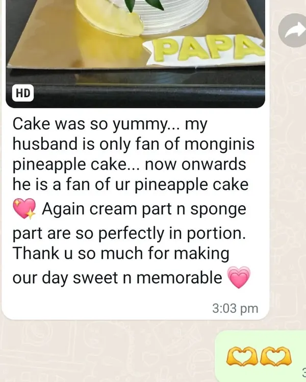 A wonderful review from a client whose husband is now a fan of my pineapple cake. It makes me so happy to hear this.