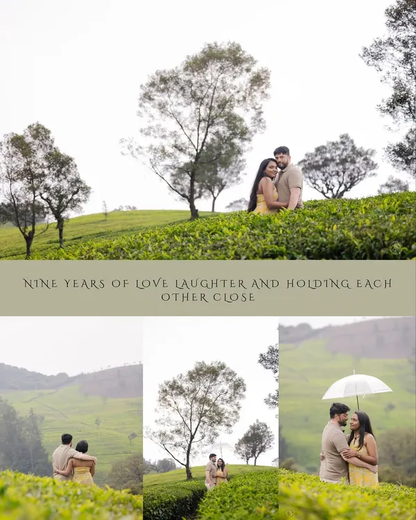 A collage telling the story of nine years of love amidst the misty hills and lush green tea plantations. These destination shoots are perfect for celebrating relationship milestones.