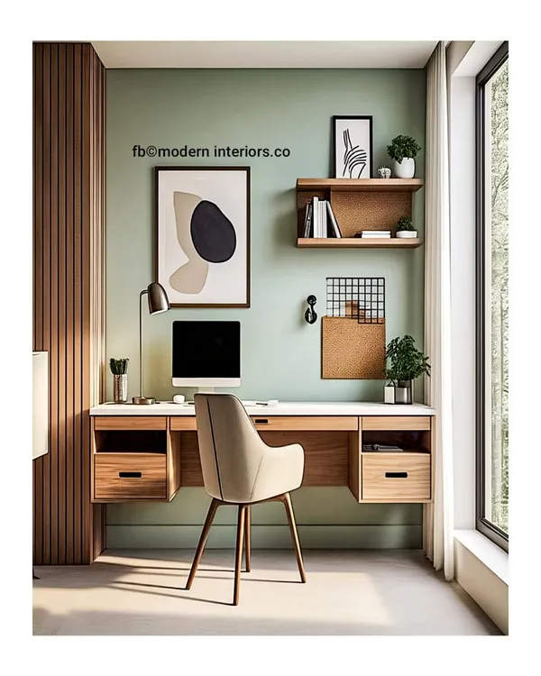 This is a perfect example of a calm and inspiring workspace. The floating desk with two drawers provides a clean surface, while the sage green accent wall and wood slats add texture and color. The open shelving is great for keeping books and plants.