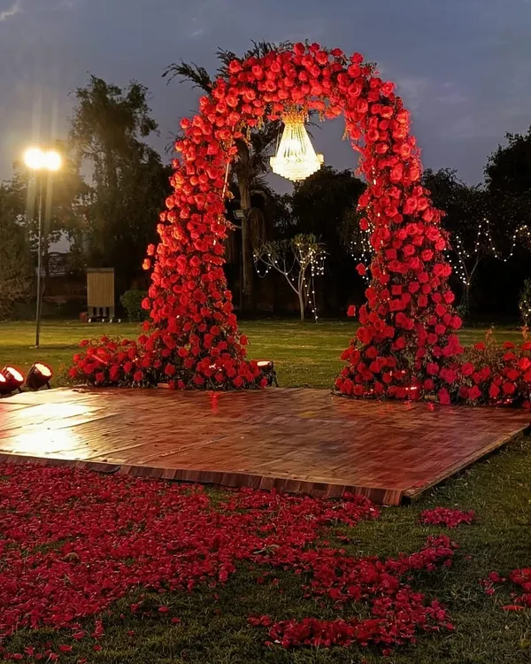 This is what dreams are made of. I designed this breathtaking arch with hundreds of red roses, creating a dramatic and romantic entrance for an evening reception. The crystal chandelier adds a touch of pure luxury, making for an unforgettable moment.
