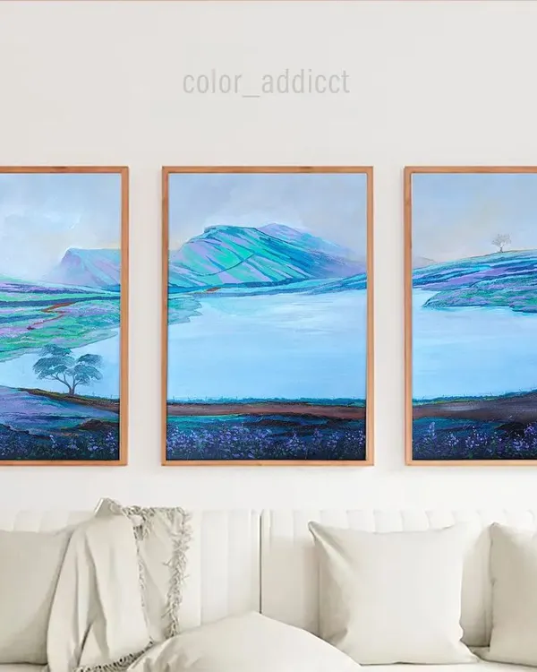 This three-panel painting captures the rare bloom of the Neelakurinji flowers in my hometown, Chikmagalur. I designed this large-scale landscape art to bring the tranquility and unique beauty of the Western Ghats right into your living room.