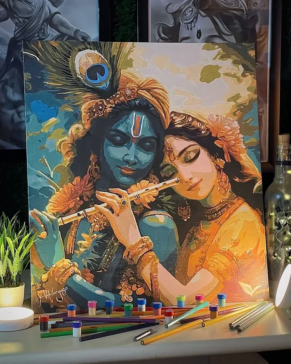 A beautiful acrylic on canvas painting of Radha and Krishna sharing a divine moment with his flute. The vibrant colors and serene expressions bring a feeling of peace and love.